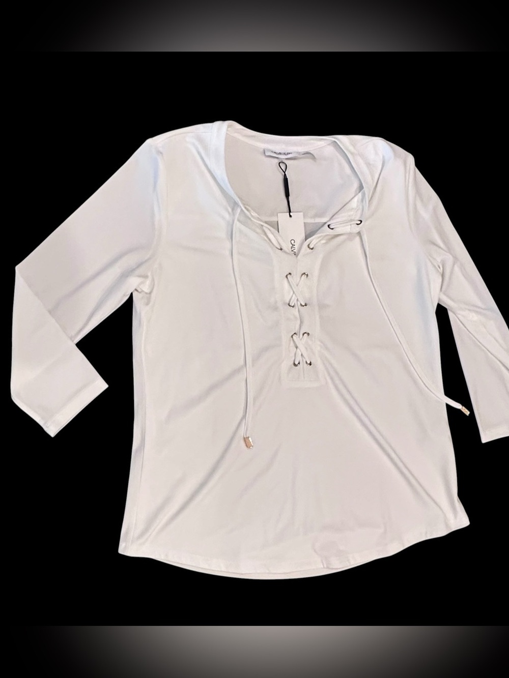 Women’s Calvin Klein White 3/4 Sleeve Lace-Up Shirt Top NWT Small